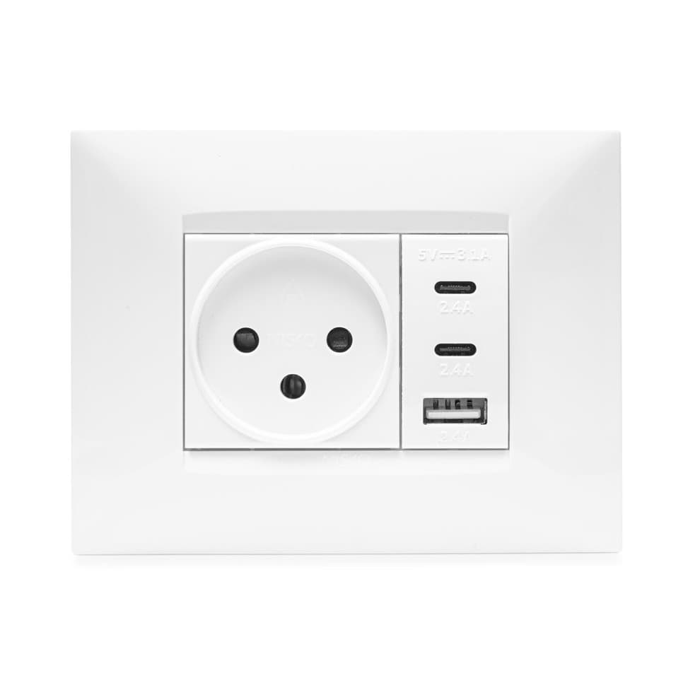מארז USB משולש 2C+A PD 20W, שקע חשמל, מתאם ומסגרת BE