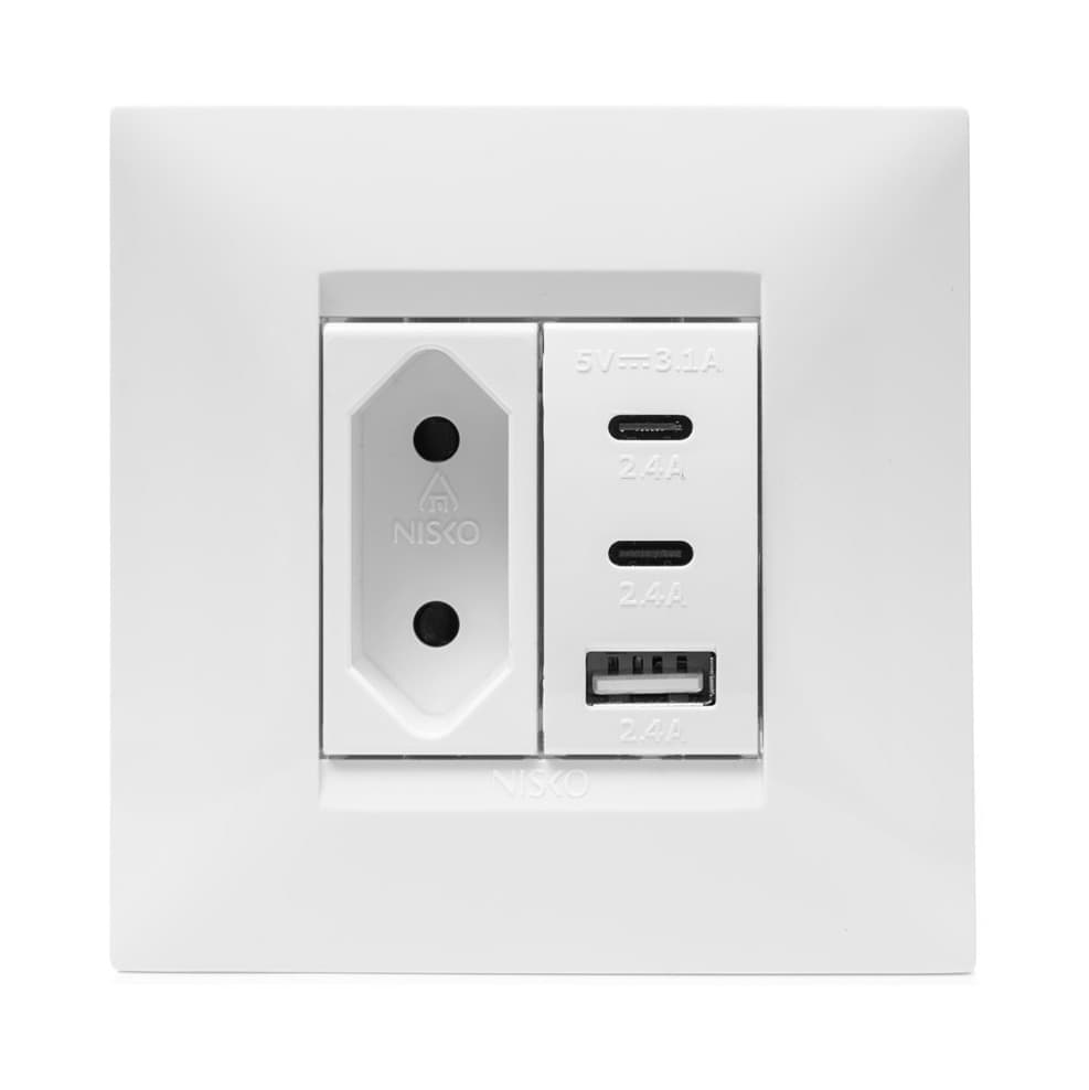 שקע USB משולש עם שקע דו-פין לקופסת 55, מתאם ומסגרת BE