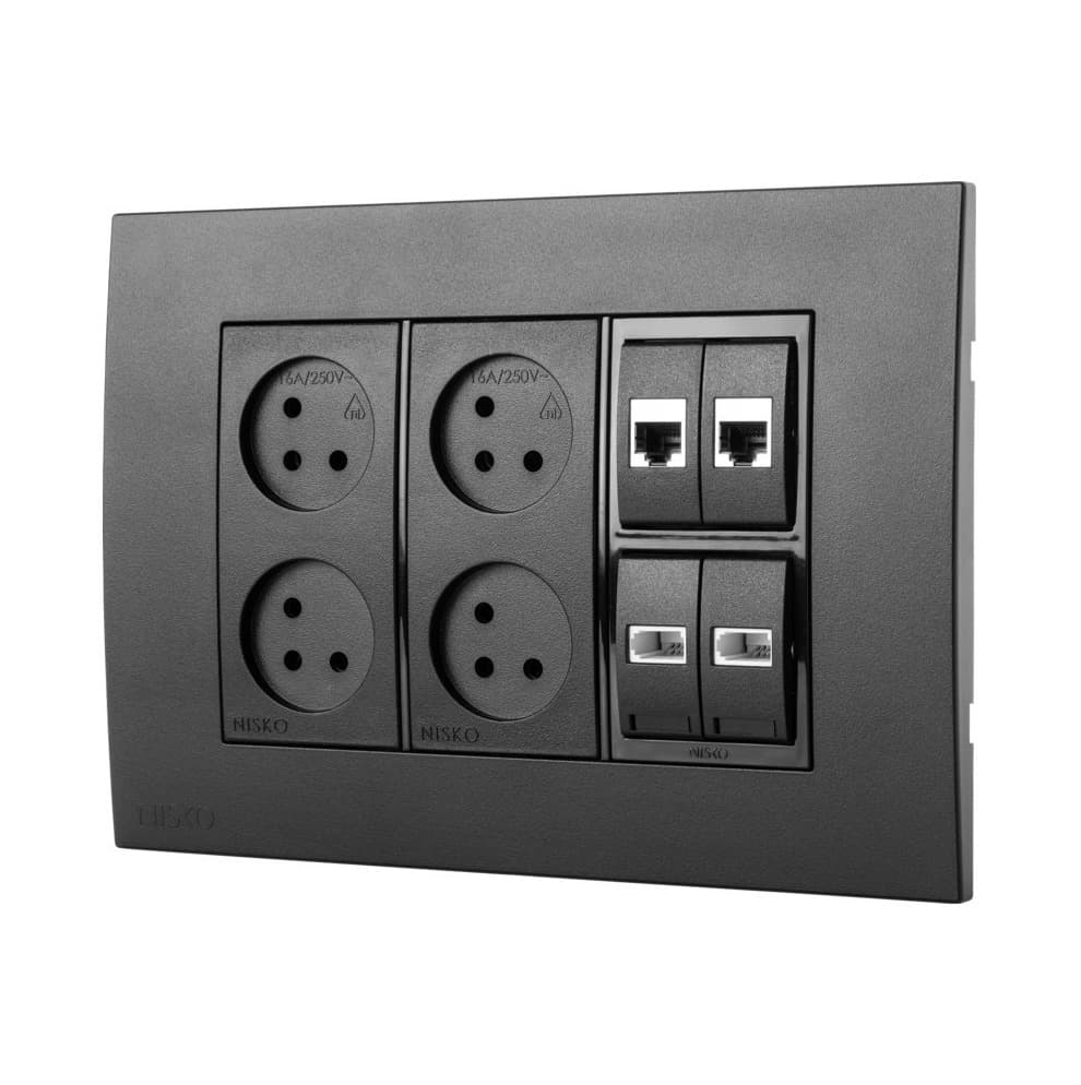 עמדת HOME & OFFICE תחת הטיח, שחור מט, 6 מודולים, 4 שקעים