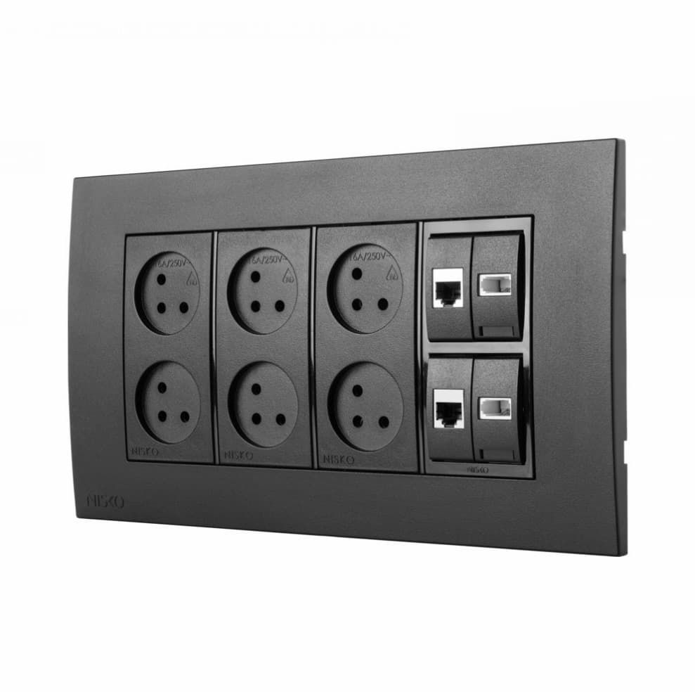 עמדת HOME & OFFICE תחת הטיח, שחור מט, 8 מודולים, 6 שקעים