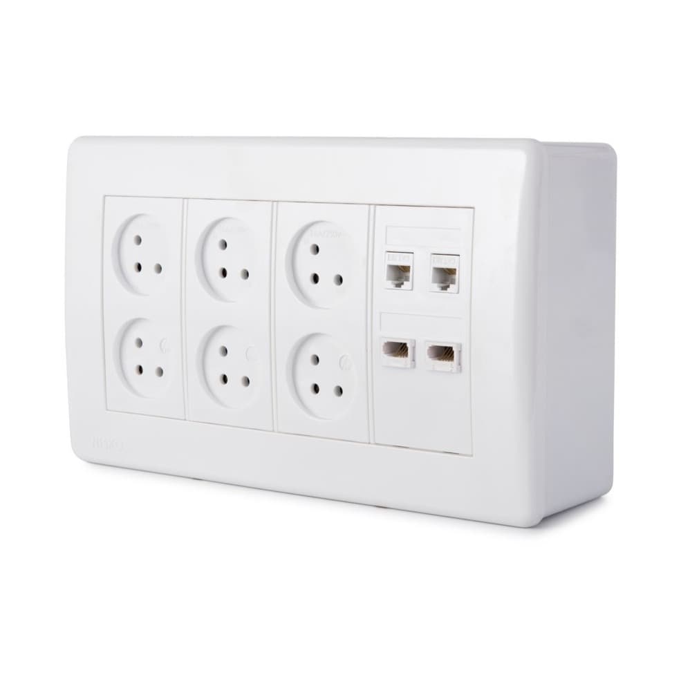 עמדת HOME & OFFICE על הטיח, 8 מודולים, 6 שקעים, 2 שקעי מחשב 2 שקעי טלפון