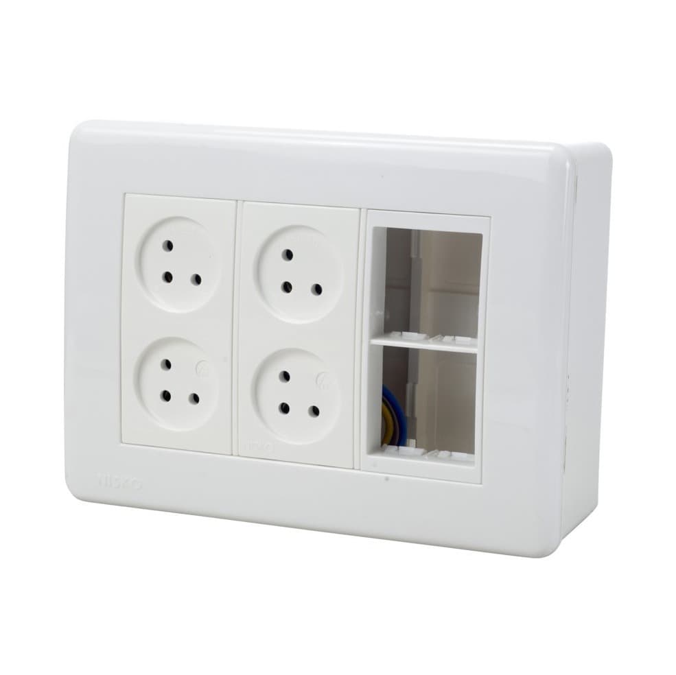 עמדת HOME & OFFICE על הטיח, 6 מודולים, 4 שקעים ומתאם גוביס